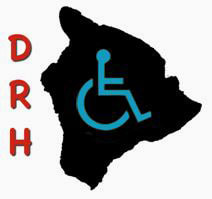 A black outline map of Hawaii Island with a green  wheelchair symbol inside it. To the left of the map are the initials “DRH” printed in red, top to bottom.